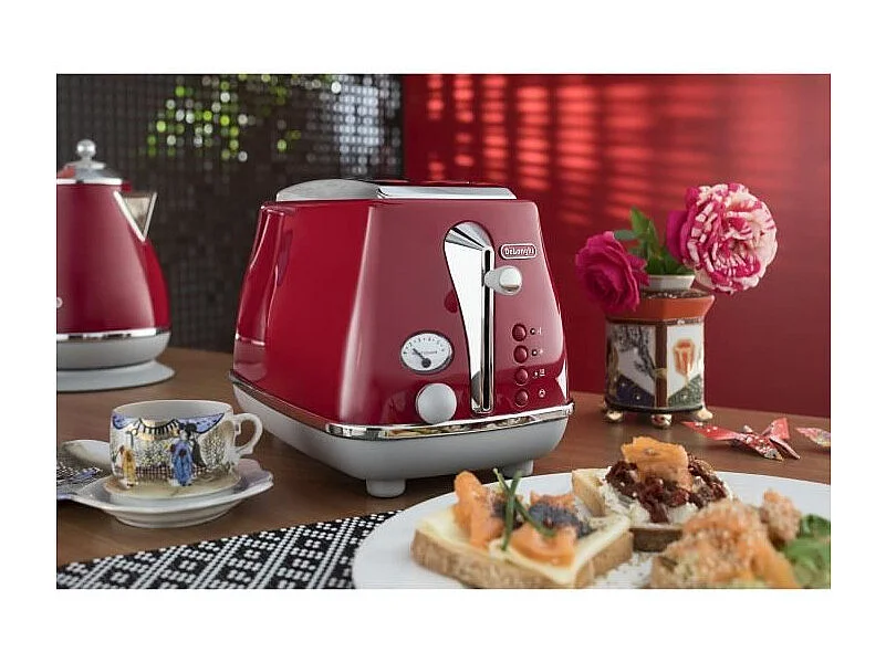 Toaster DELONGHI ICONA CAPITALS 2 tranches - 900W - Grille pain 3 fonctions - Chauffe viennoisseries inclus - Rouge