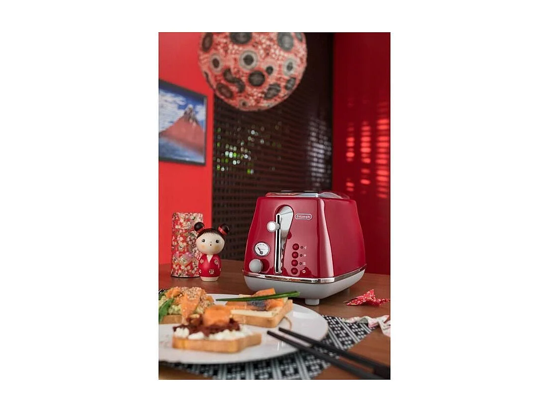 Toaster DELONGHI ICONA CAPITALS 2 tranches - 900W - Grille pain 3 fonctions - Chauffe viennoisseries inclus - Rouge