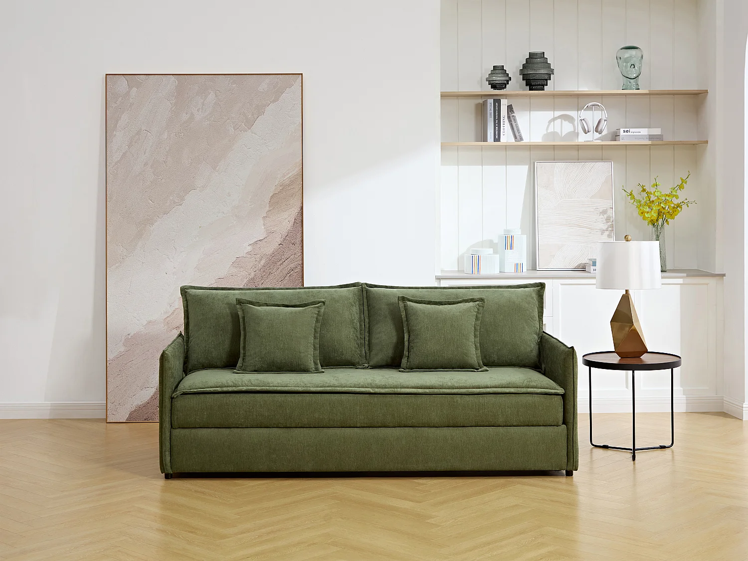 Canapé 3 places convertible en tissu vert kaki avec assise à mémoire de forme SERABA