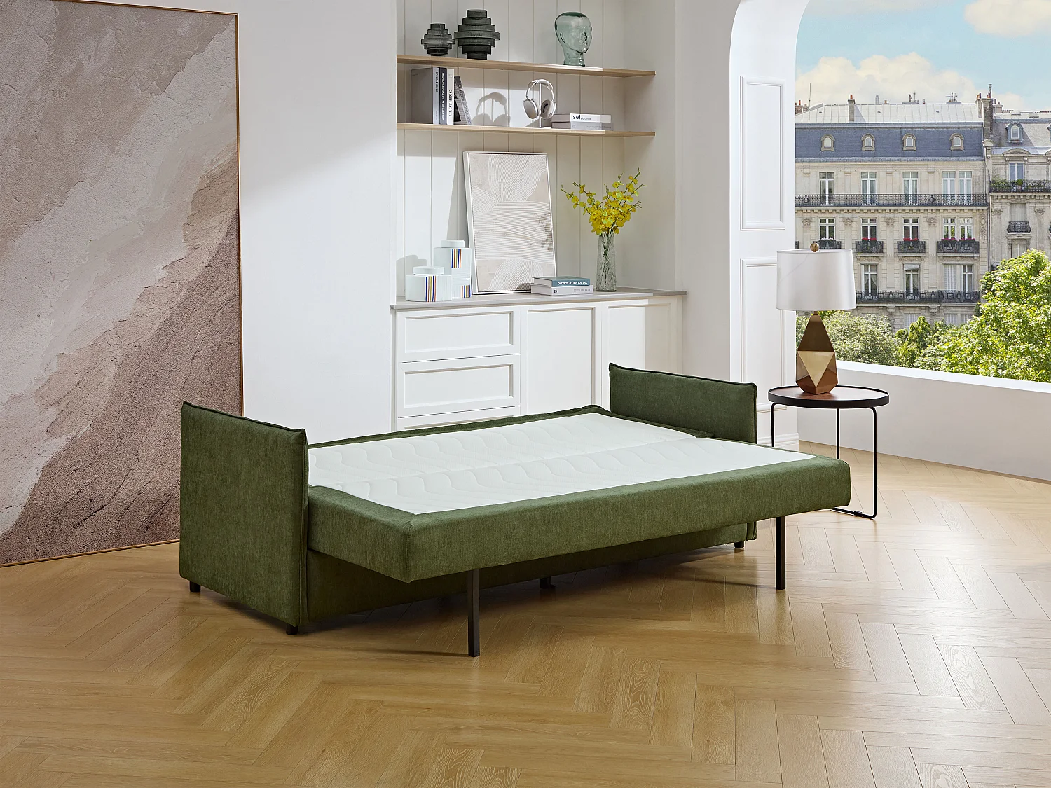 Canapé 3 places convertible en tissu vert kaki avec assise à mémoire de forme SERABA