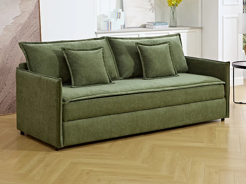 Canapé 3 places convertible en tissu vert kaki avec assise à mémoire de forme SERABA