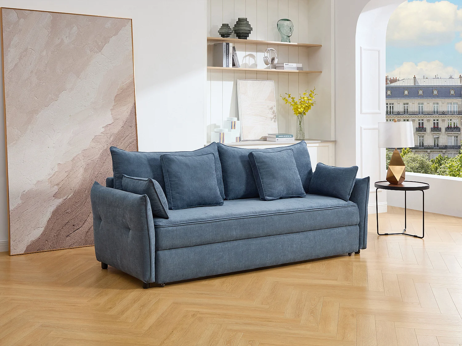 Canapé 3 places convertible en tissu bleu avec assise à mémoire de forme SITALA