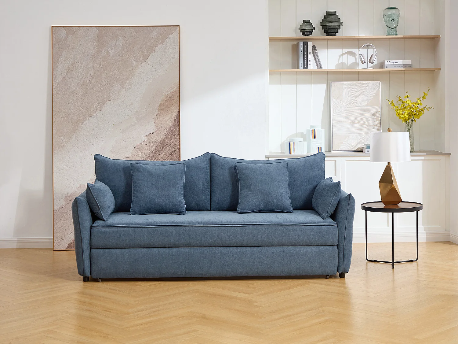 Canapé 3 places convertible en tissu bleu avec assise à mémoire de forme SITALA