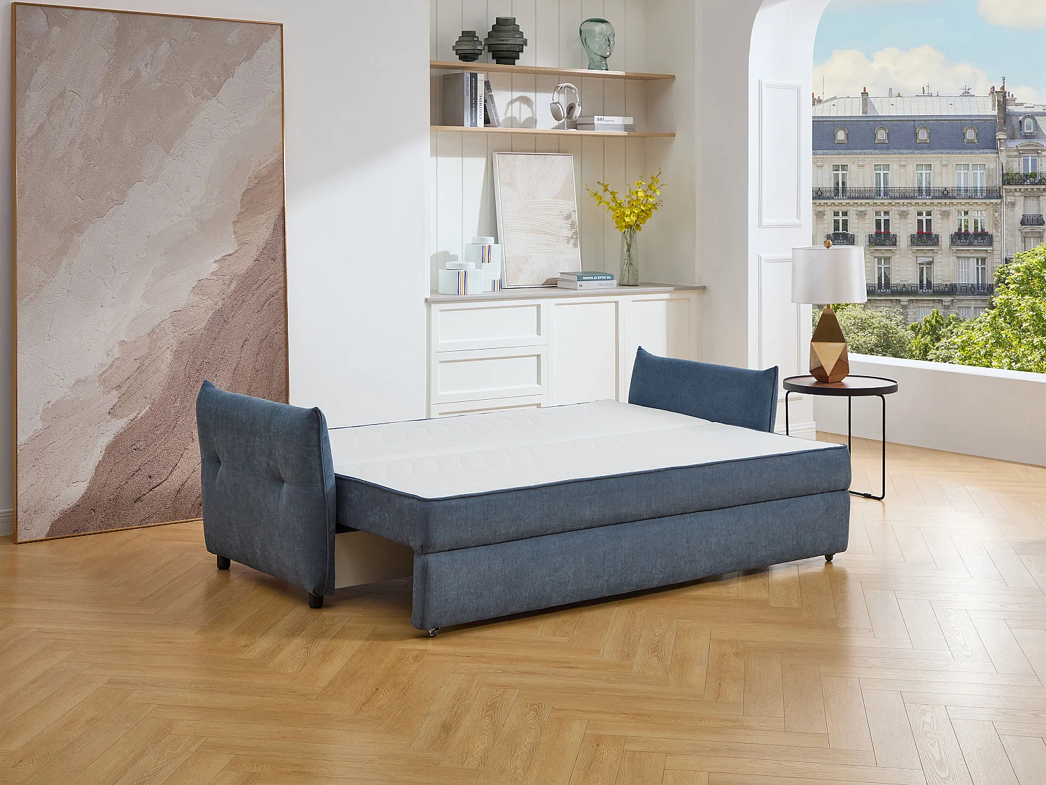 Canapé 3 places convertible en tissu bleu avec assise à mémoire de forme SITALA