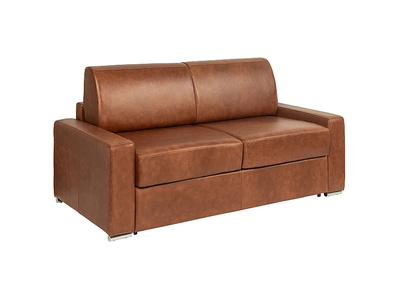 Canapé 3 places convertible express en cuir de buffle vintage caramel - Couchage 140 cm - Matelas 22 cm avec mémoire de forme CALITO