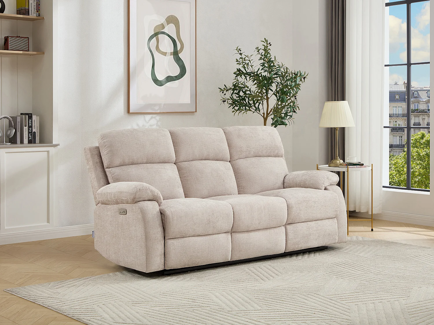 Canapé 3 places relax électrique massant en tissu chenille beige KOCENI
