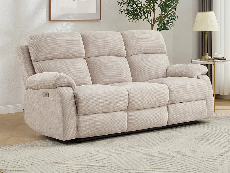 Canapé 3 places relax électrique massant en tissu chenille beige KOCENI