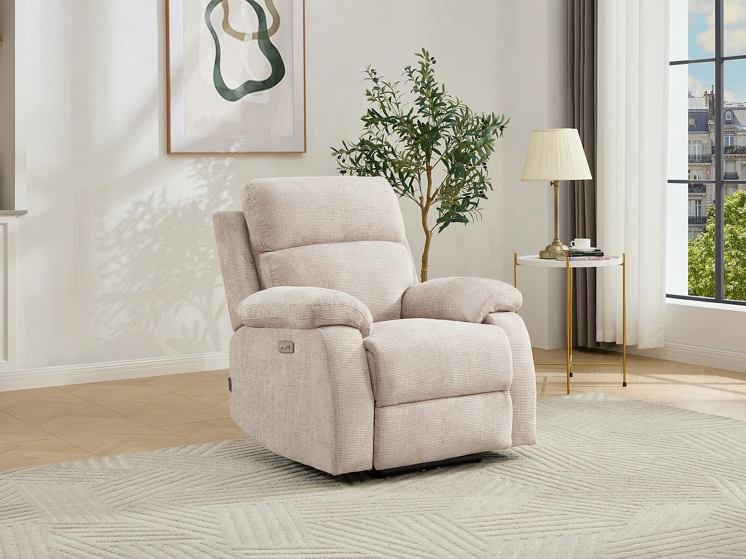 Fauteuil relax électrique massant en tissu chenille beige KOCENI