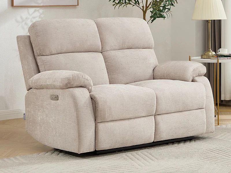 Canapé 2 places relax électrique massant en tissu chenille beige KOCENI