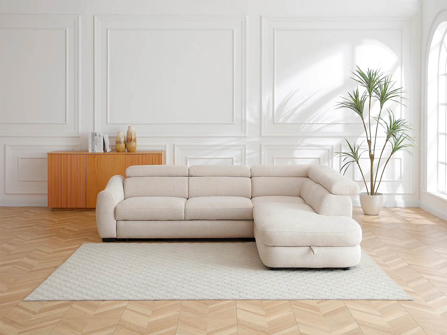 Canapé d'angle droit convertible en tissu texturé beige BESEMA