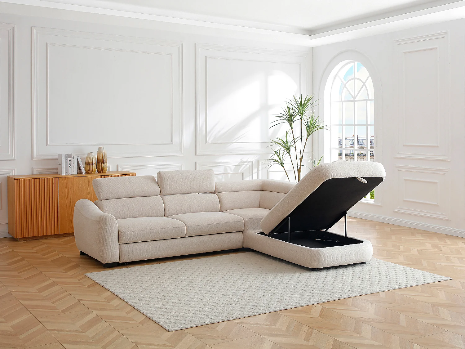 Canapé d'angle droit convertible en tissu texturé beige BESEMA