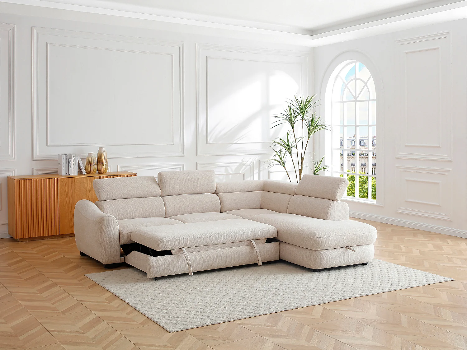 Canapé d'angle droit convertible en tissu texturé beige BESEMA