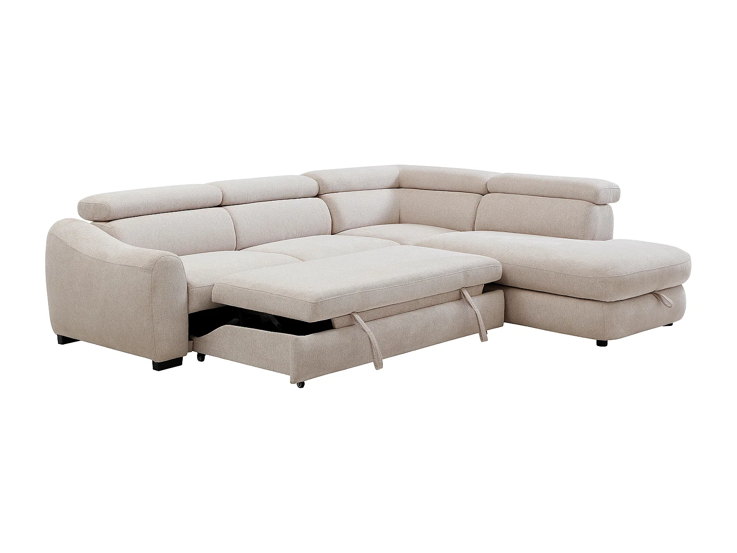 Canapé d'angle droit convertible en tissu texturé beige BESEMA