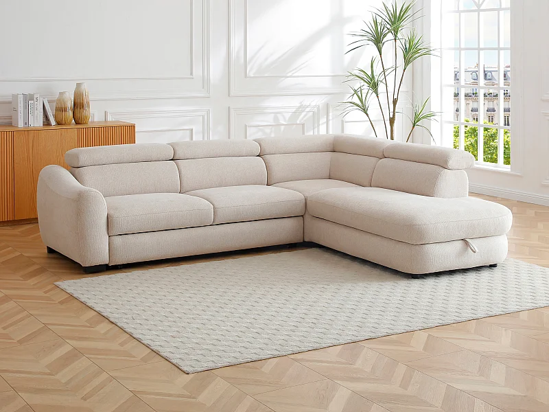 Canapé d'angle droit convertible en tissu texturé beige BESEMA