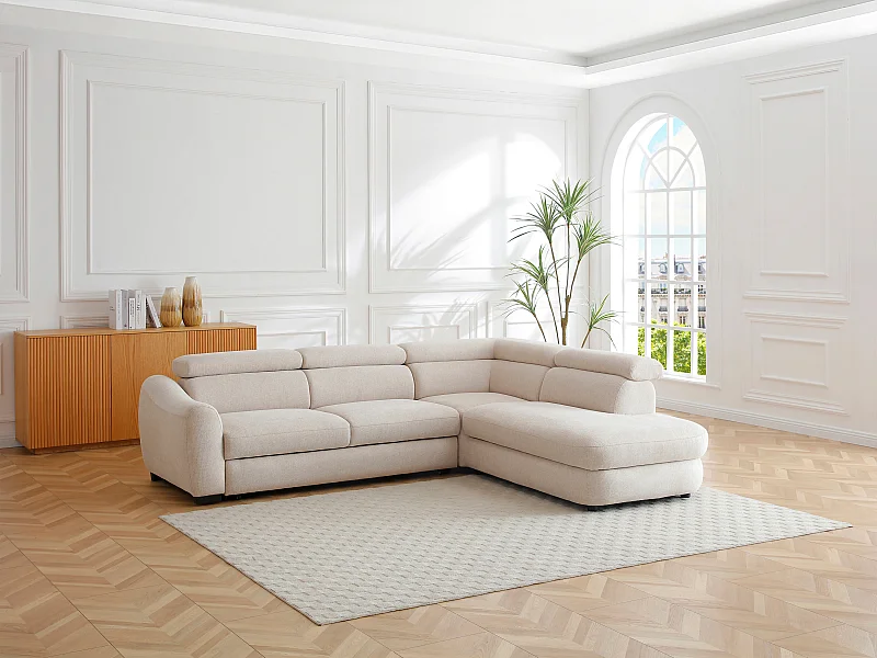 Canapé d'angle droit convertible en tissu texturé beige BESEMA