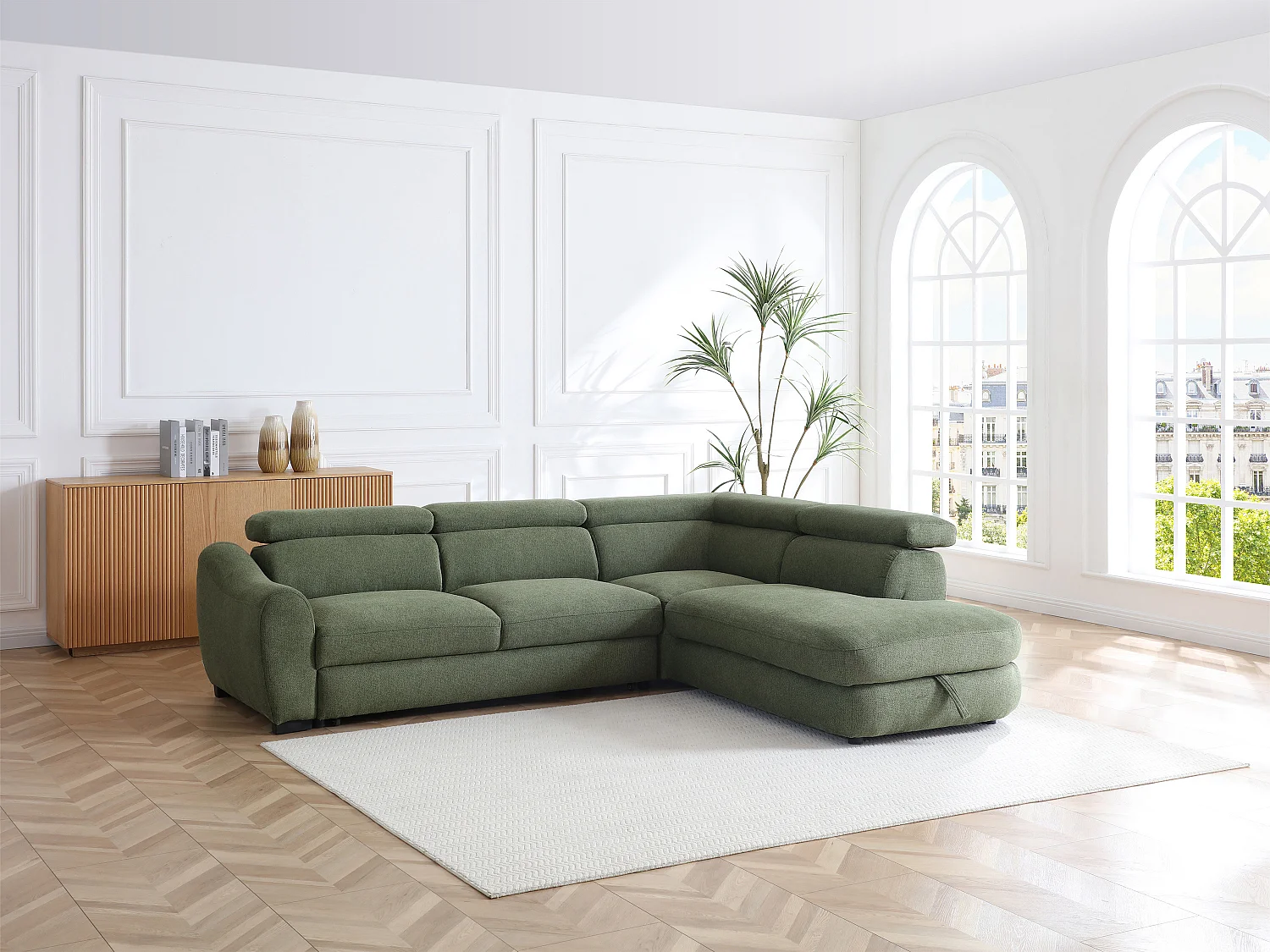 Canapé d'angle droit convertible en tissu texturé vert BESEMA