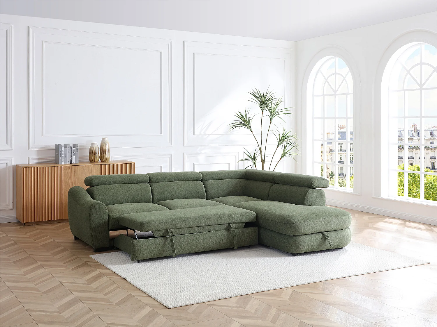 Canapé d'angle droit convertible en tissu texturé vert BESEMA