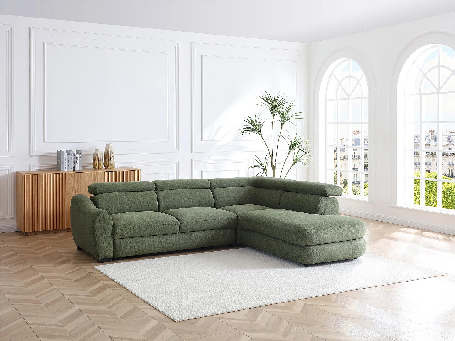 Canapé d'angle droit convertible en tissu texturé vert BESEMA