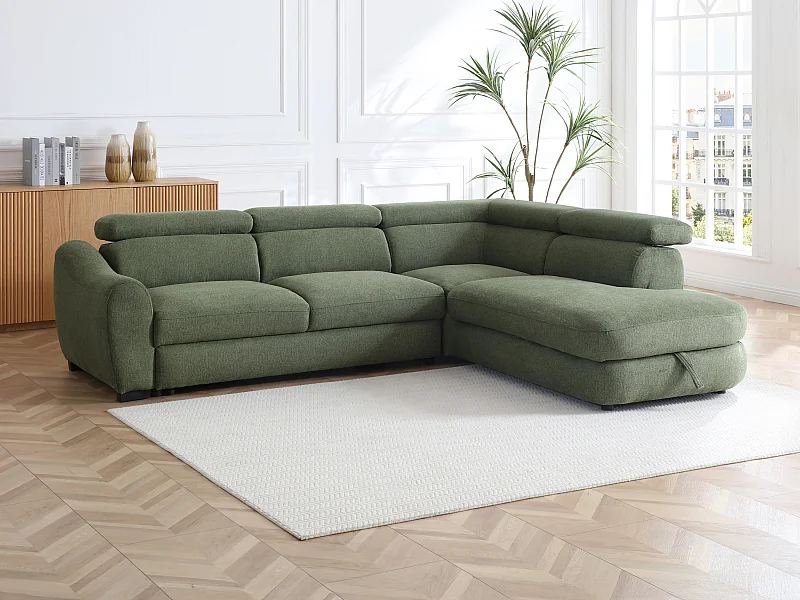 Canapé d'angle droit convertible en tissu texturé vert BESEMA