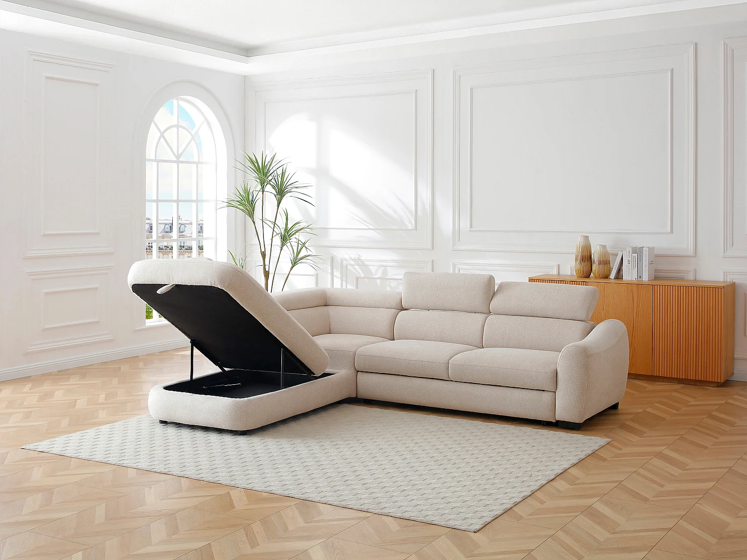 Canapé d'angle gauche convertible en tissu texturé beige BESEMA