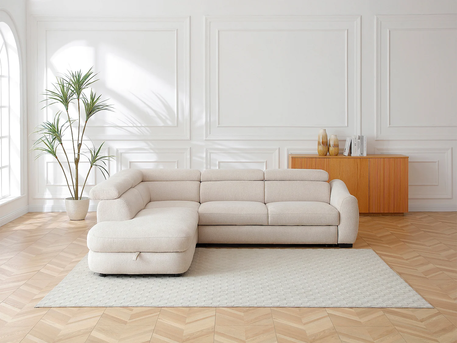 Canapé d'angle gauche convertible en tissu texturé beige BESEMA