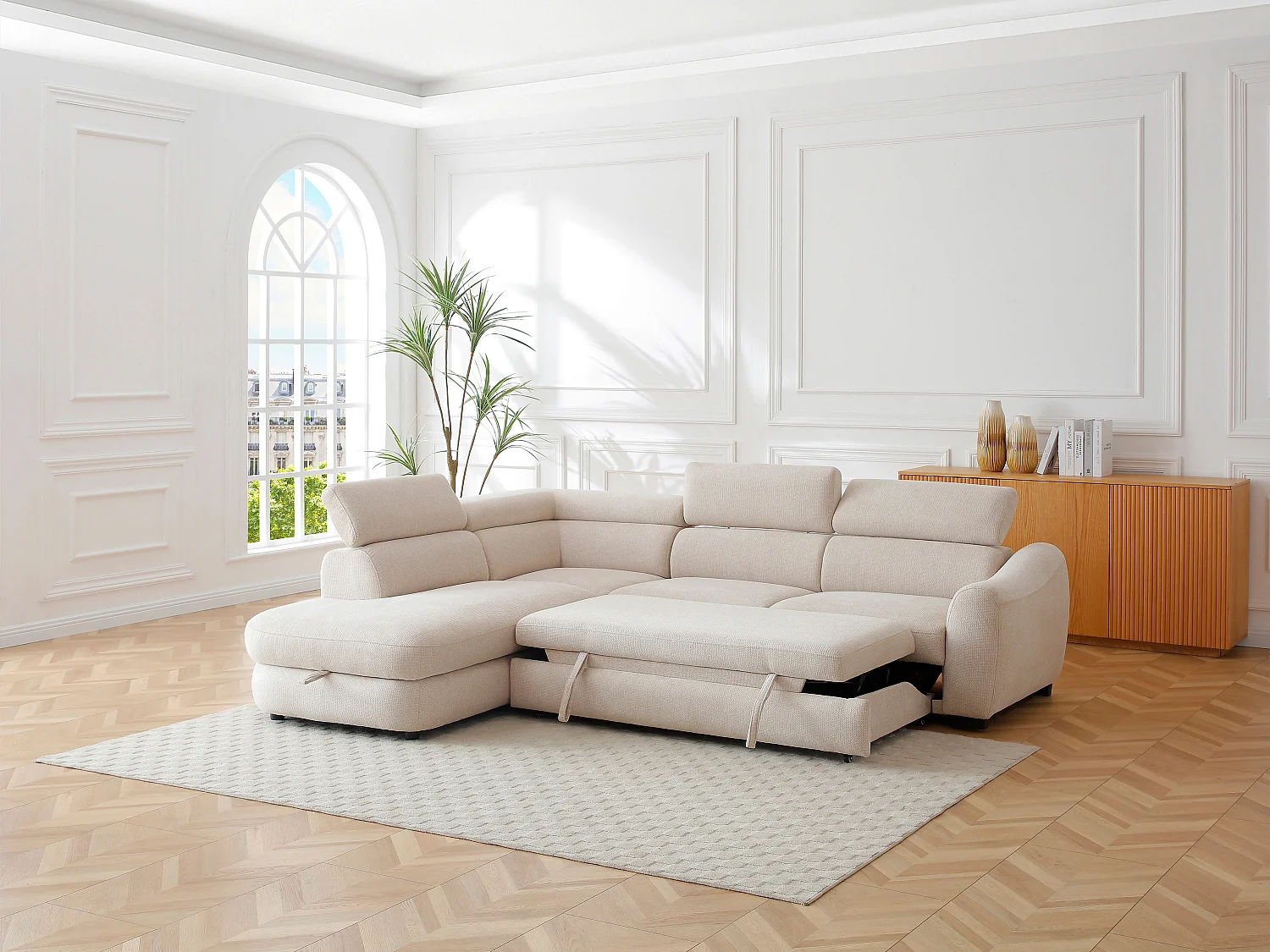 Canapé d'angle gauche convertible en tissu texturé beige BESEMA