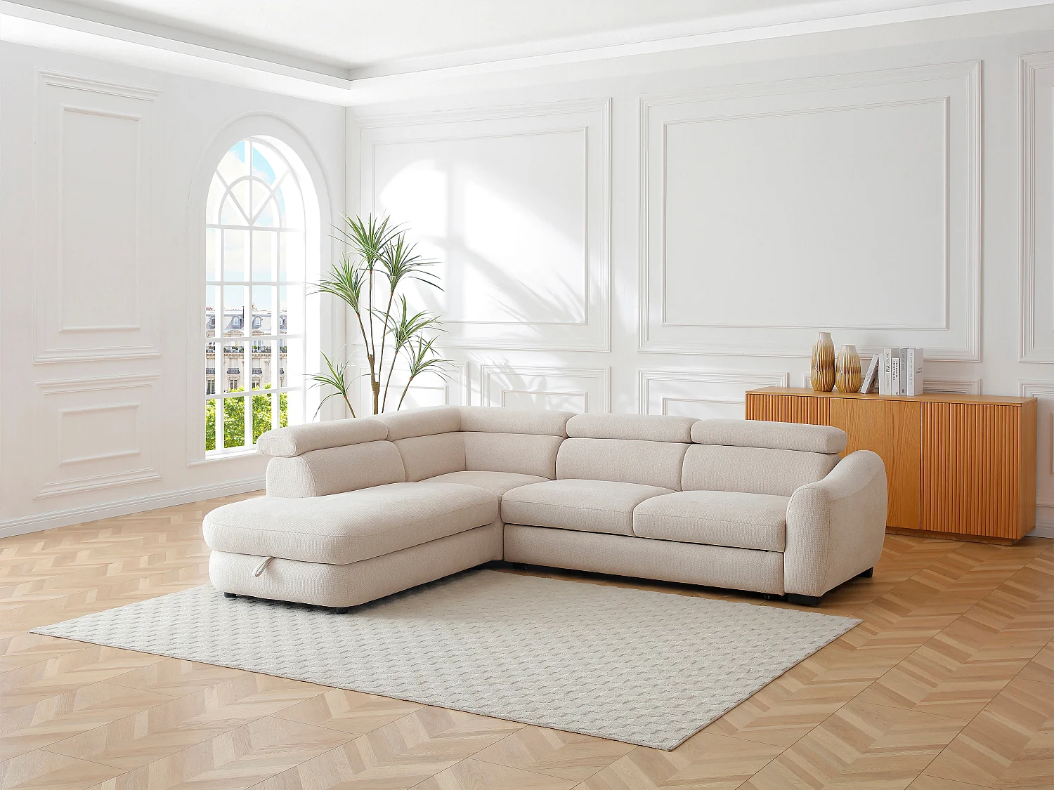 Canapé d'angle gauche convertible en tissu texturé beige BESEMA