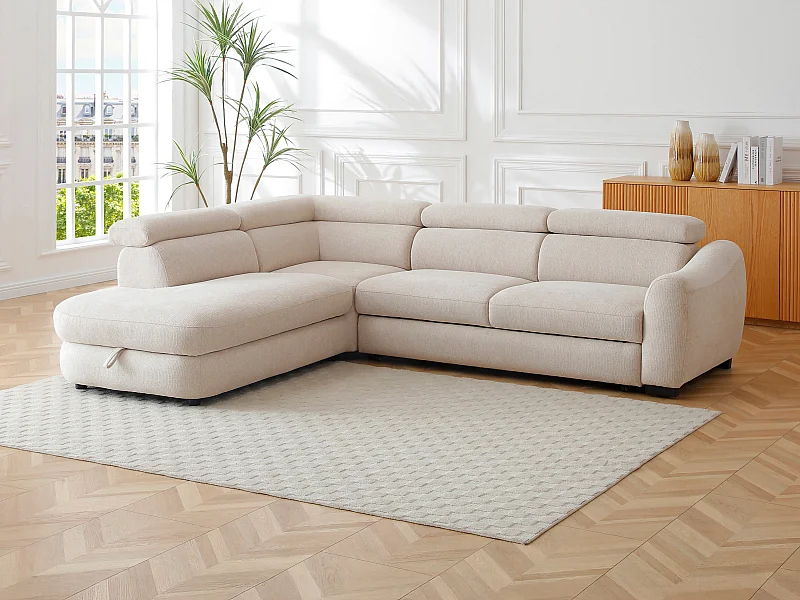 Canapé d'angle gauche convertible en tissu texturé beige BESEMA