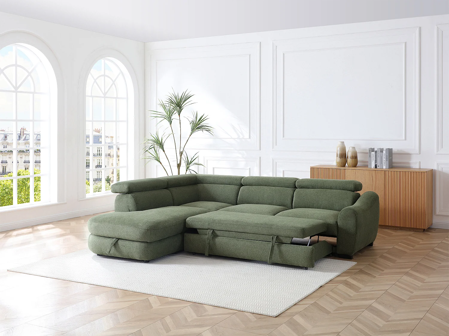 Canapé d'angle gauche convertible en tissu texturé vert BESEMA