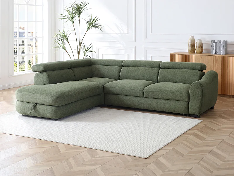 Canapé d'angle gauche convertible en tissu texturé vert BESEMA