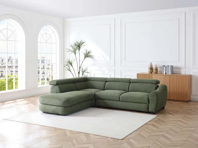 Canapé d'angle gauche convertible en tissu texturé vert BESEMA