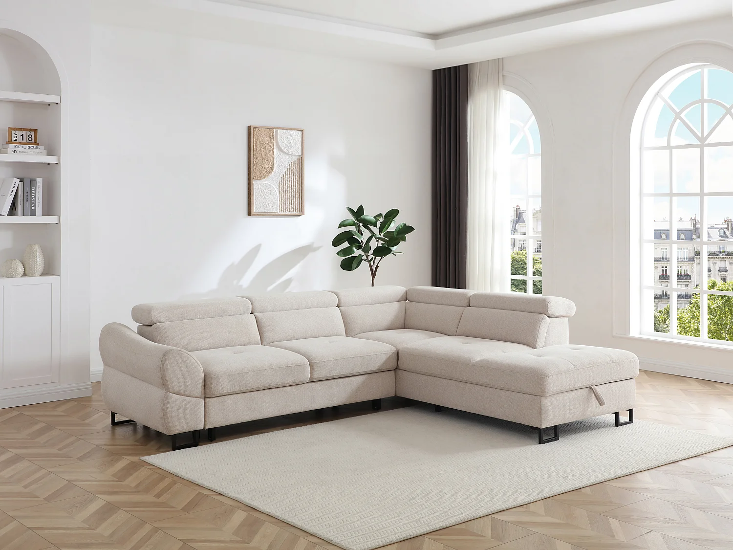 Canapé d'angle droit convertible en tissu texturé beige VAVERDO