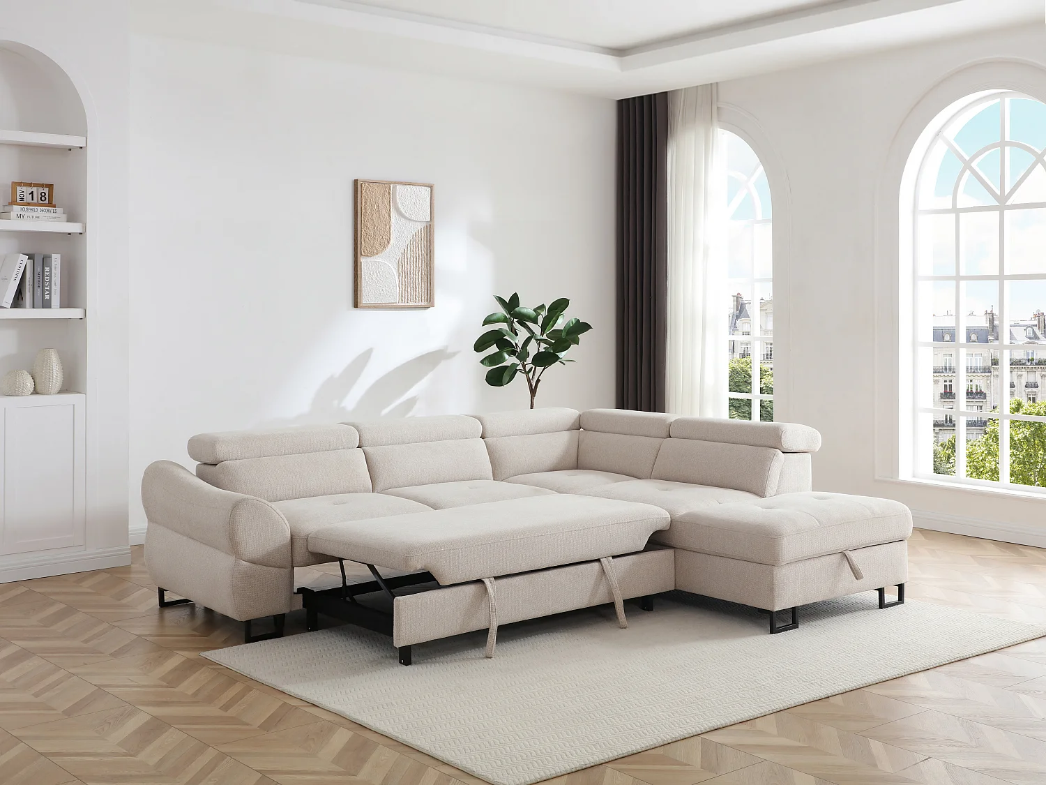 Canapé d'angle droit convertible en tissu texturé beige VAVERDO