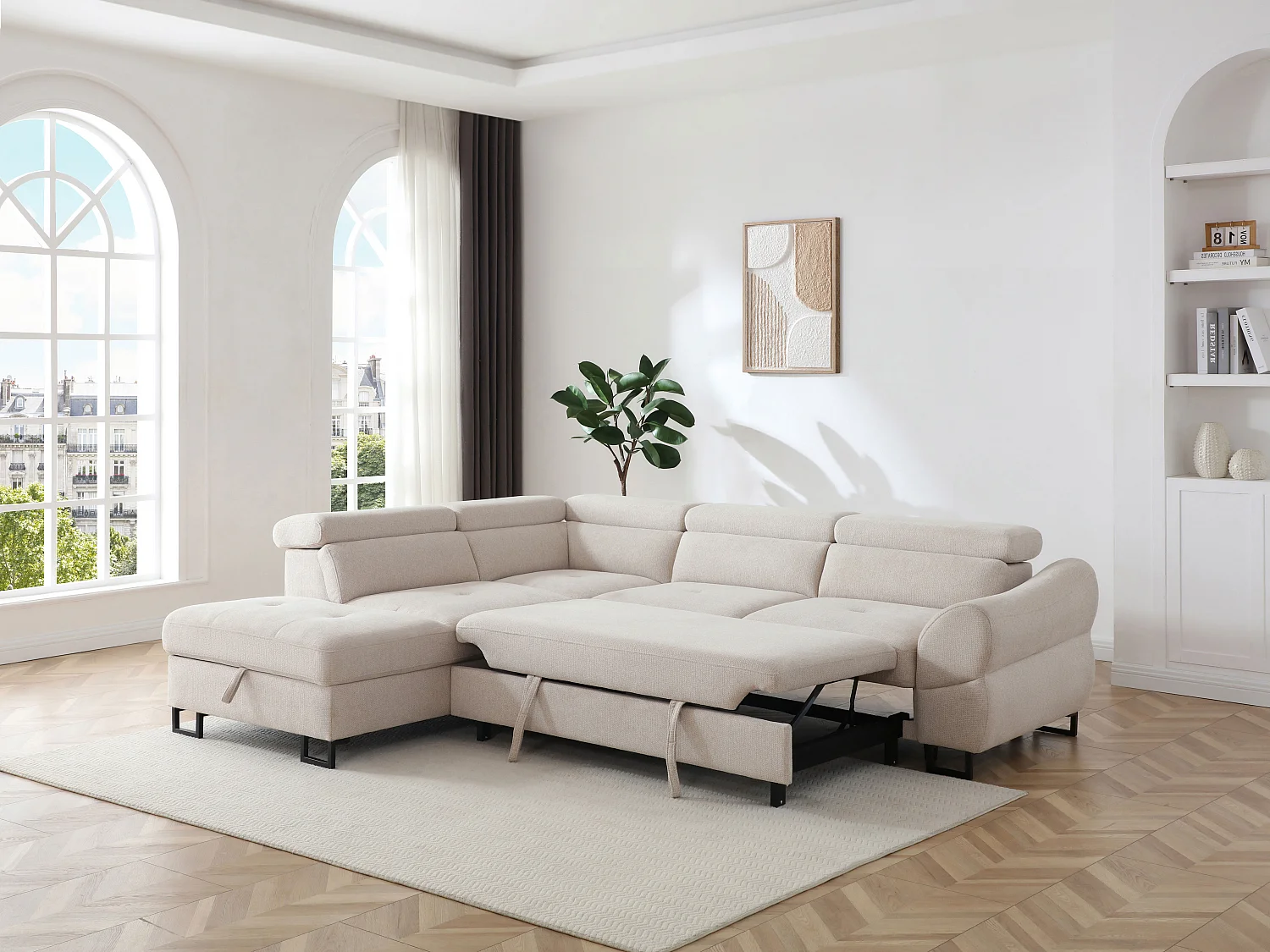 Canapé d'angle gauche convertible en tissu texturé beige VAVERDO