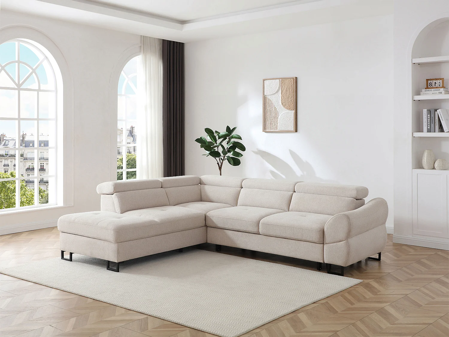 Canapé d'angle gauche convertible en tissu texturé beige VAVERDO