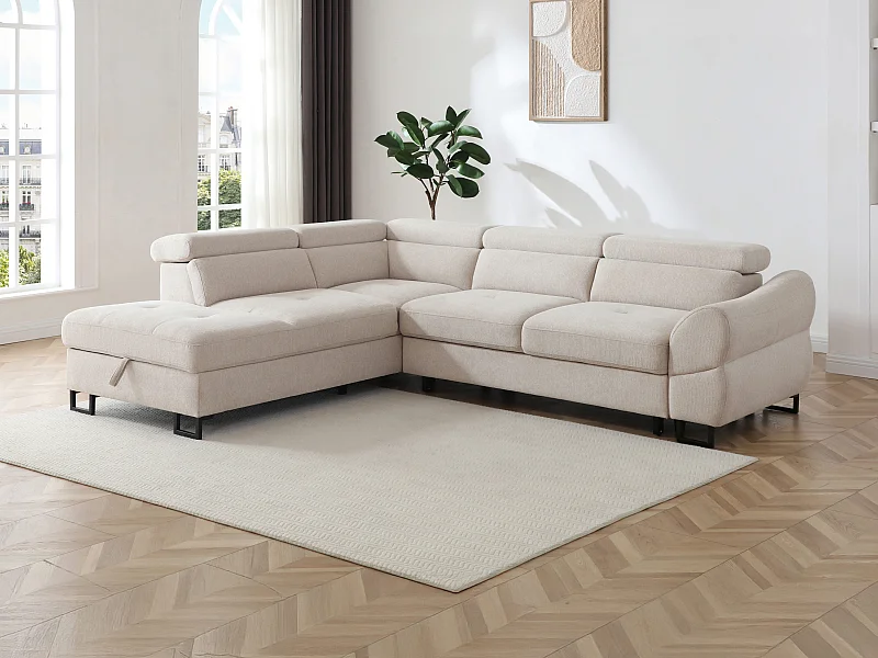 Canapé d'angle gauche convertible en tissu texturé beige VAVERDO
