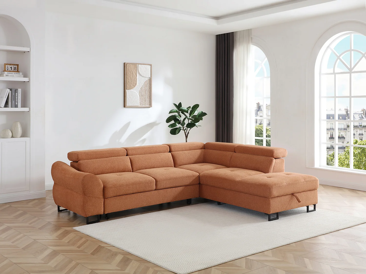 Canapé d'angle droit convertible en tissu texturé terracotta VAVERDO