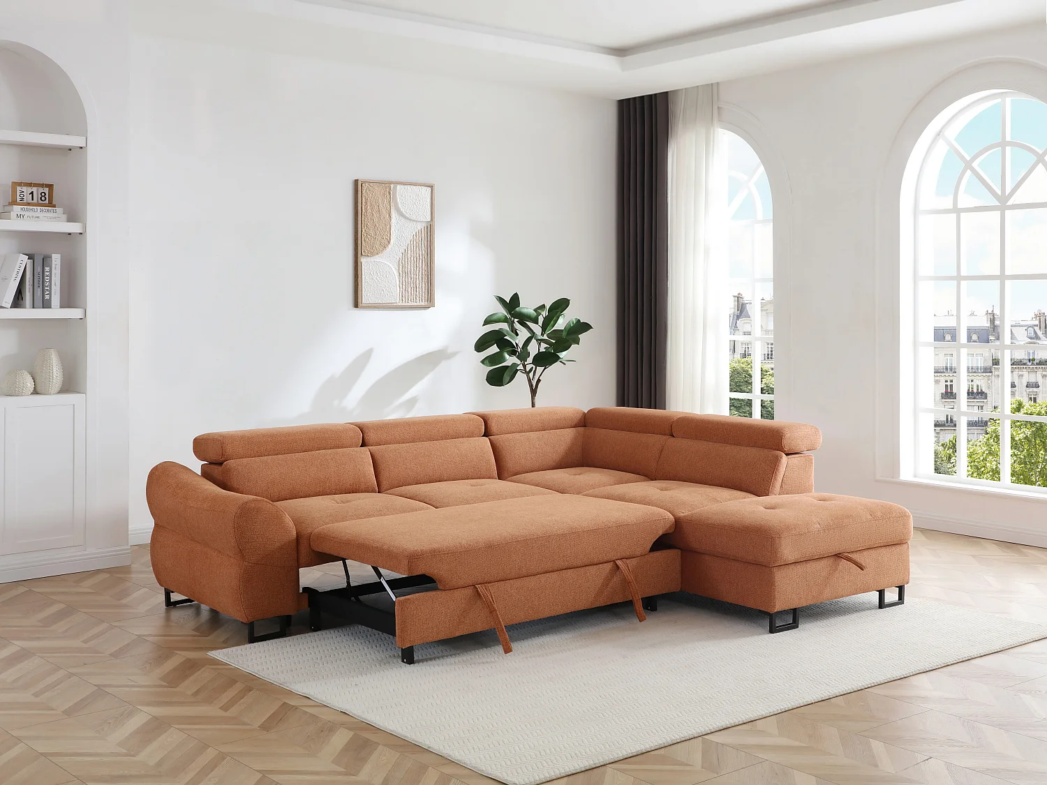Canapé d'angle droit convertible en tissu texturé terracotta VAVERDO