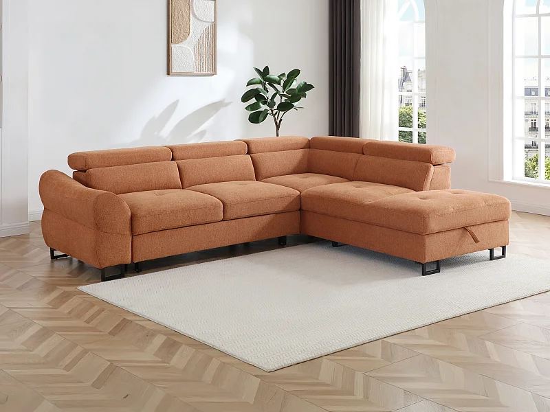 Canapé d'angle droit convertible en tissu texturé terracotta VAVERDO