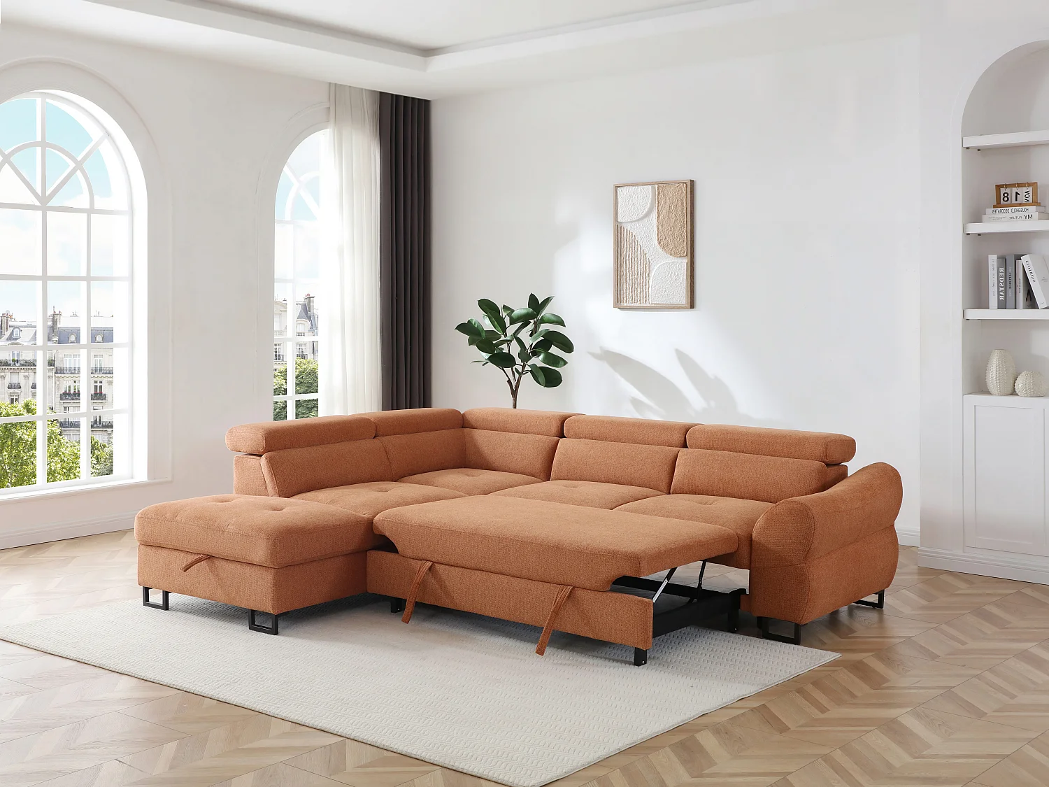 Canapé d'angle gauche convertible en tissu texturé terracotta VAVERDO