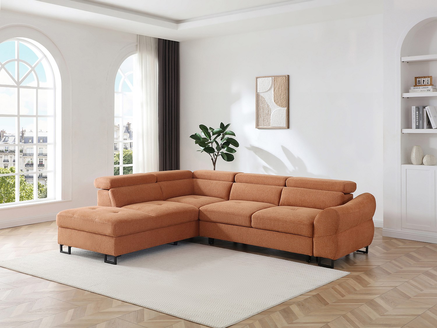 Ecksofa mit Schlaffunktion – Ecke links – Strukturstoff Terracotta – VAVERD günstig online kaufen
