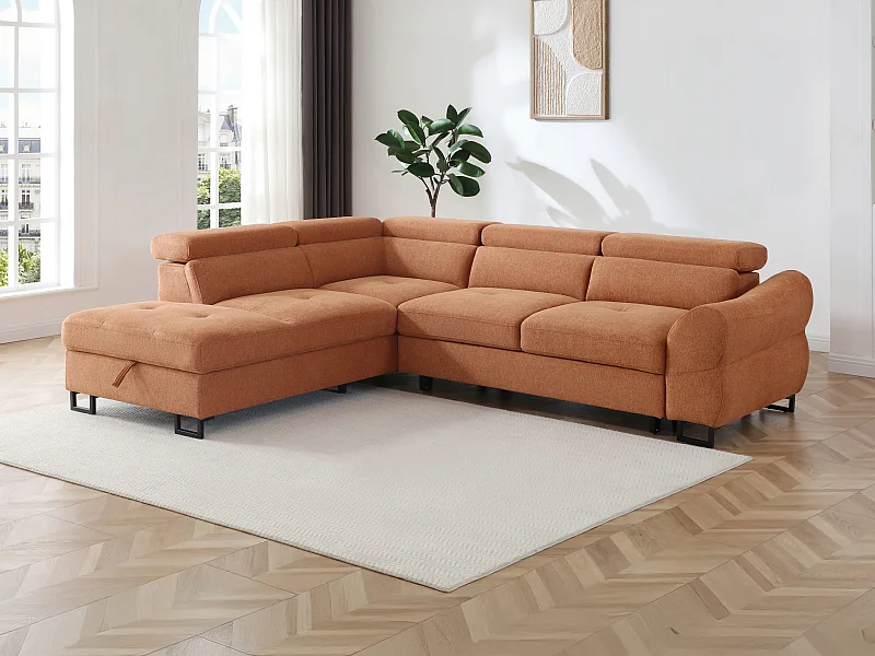 Canapé d'angle gauche convertible en tissu texturé terracotta VAVERDO