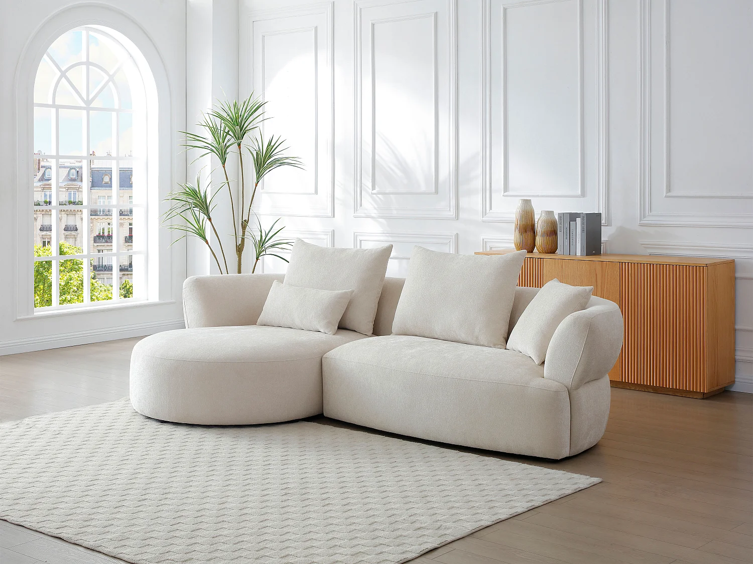 Canapé d'angle gauche en tissu chenille beige CUSAVA de Maison Céphy