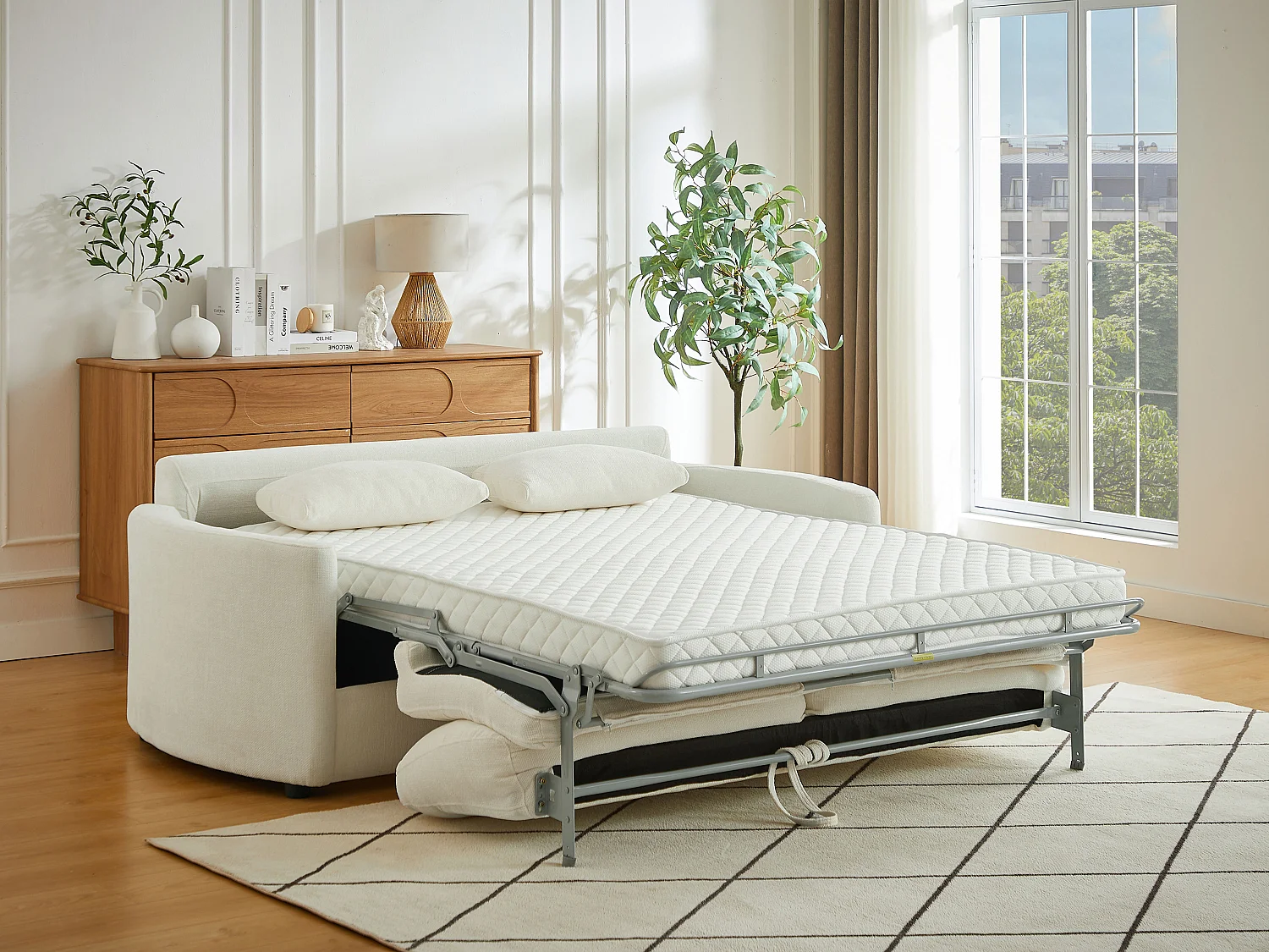 Canapé 3 places convertible express  - Couchage 140 cm - Matelas 12 cm mémoire de forme en tissu texturé beige BAGOMI