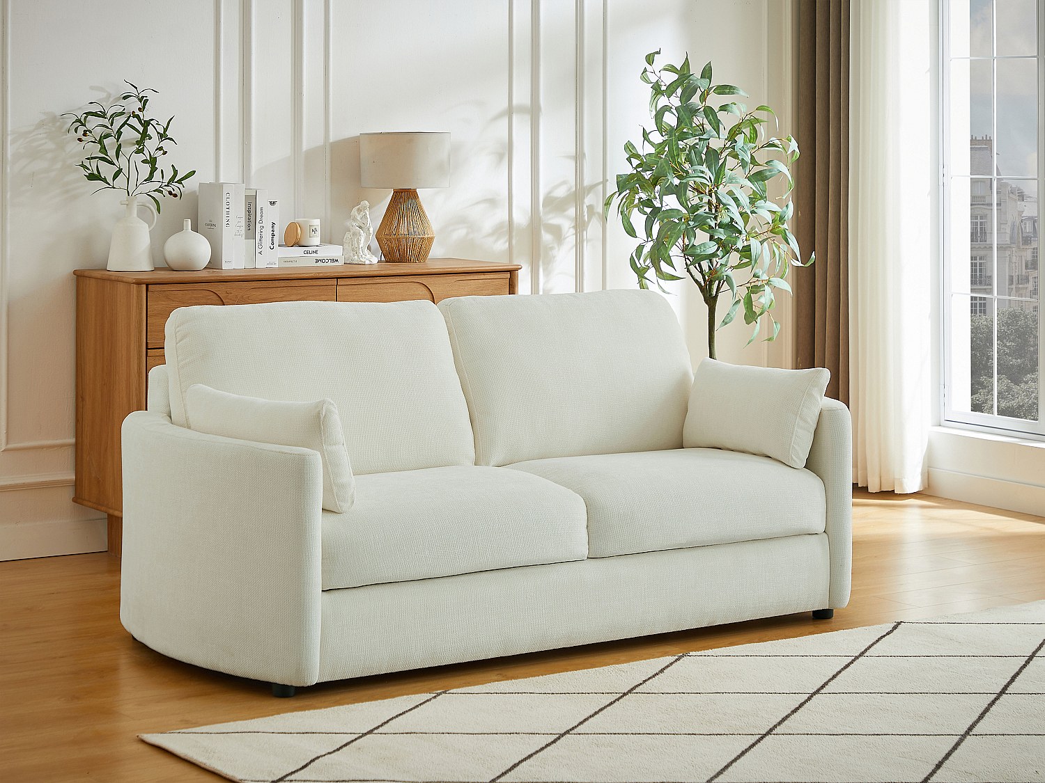 3-seters sovesofa med ekspressmekanisme - Soveplass 140 cm - 12 cm skummadrass med memory-skum i teksturert beige stoff BAGOMI