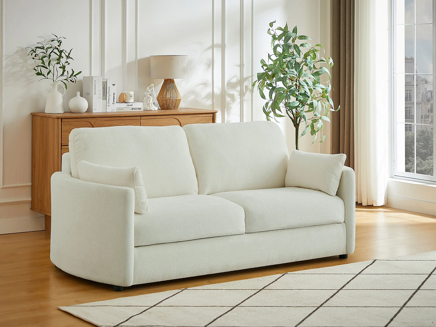 Canapé 3 places convertible express  - Couchage 140 cm - Matelas 12 cm mémoire de forme en tissu texturé beige BAGOMI