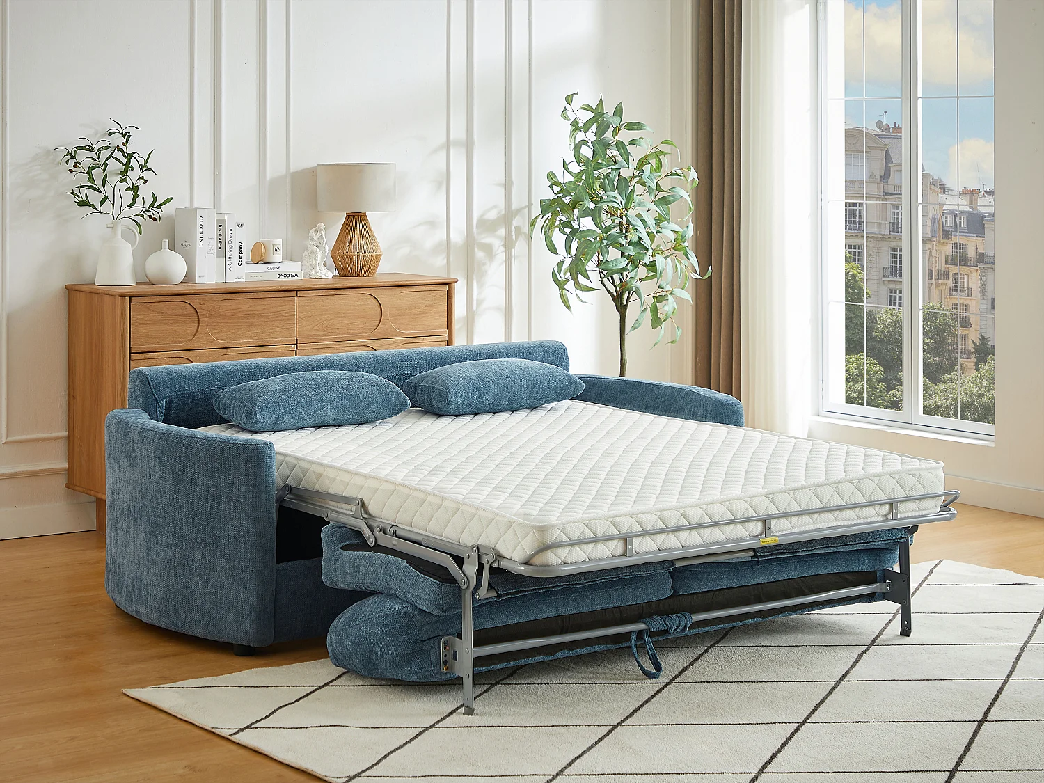 Canapé 3 places convertible express  - Couchage 140 cm - Matelas 12 cm  mémoire de forme en tissu texturé bleu BAGOMI