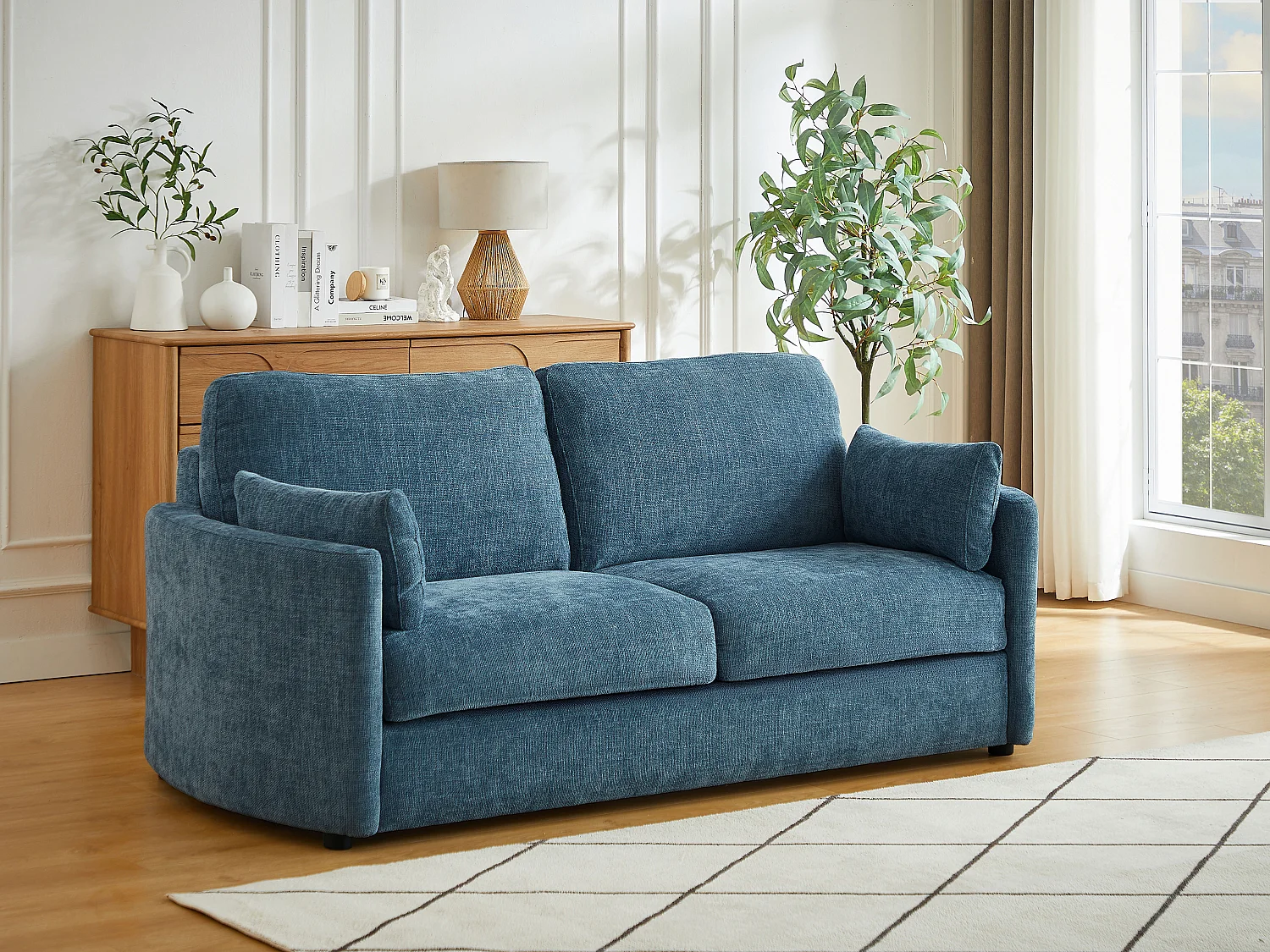 Canapé 3 places convertible express  - Couchage 140 cm - Matelas 12 cm  mémoire de forme en tissu texturé bleu BAGOMI