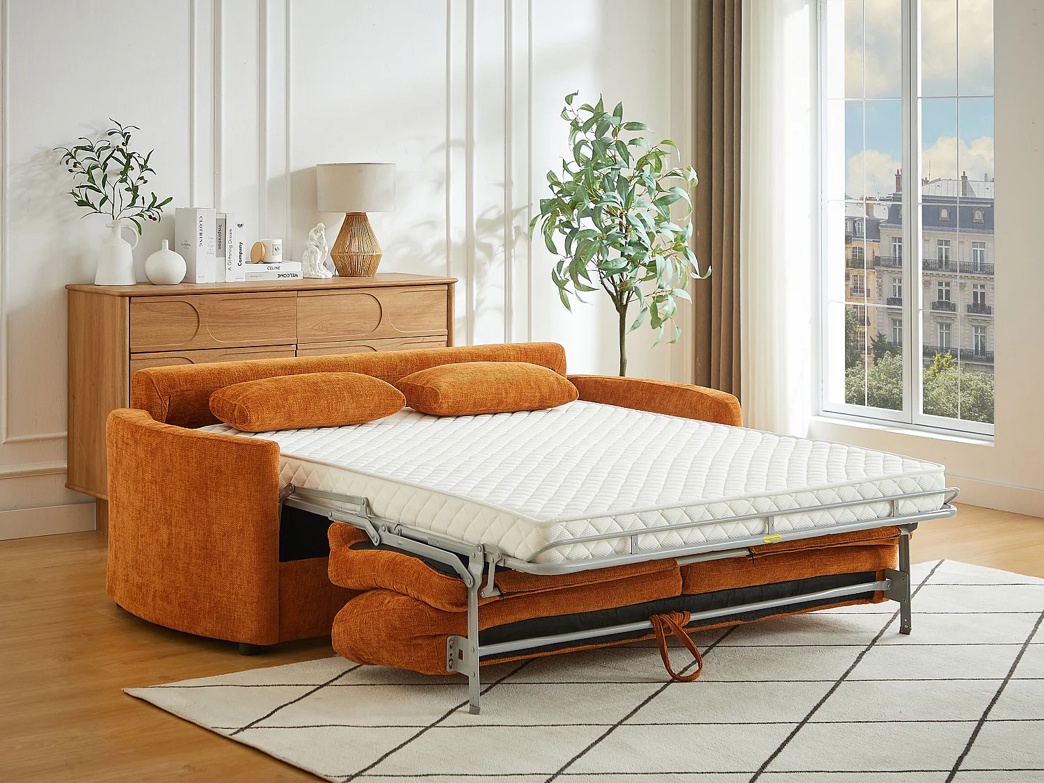 Canapé 3 places convertible express  - Couchage 140 cm - Matelas 12 cm mémoire de forme en tissu texturé terracotta BAGOMI