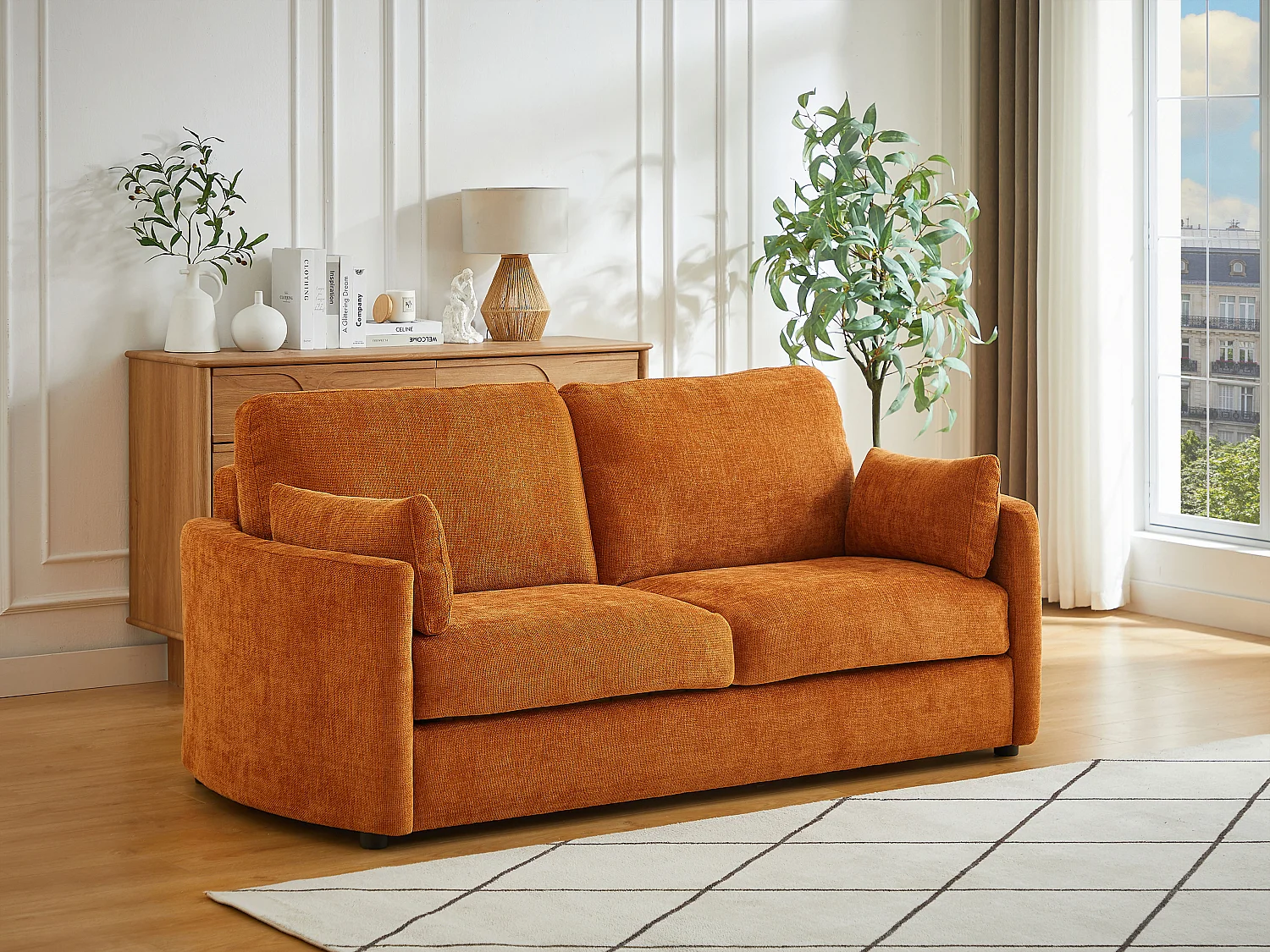 Canapé 3 places convertible express  - Couchage 140 cm - Matelas 12 cm mémoire de forme en tissu texturé terracotta BAGOMI